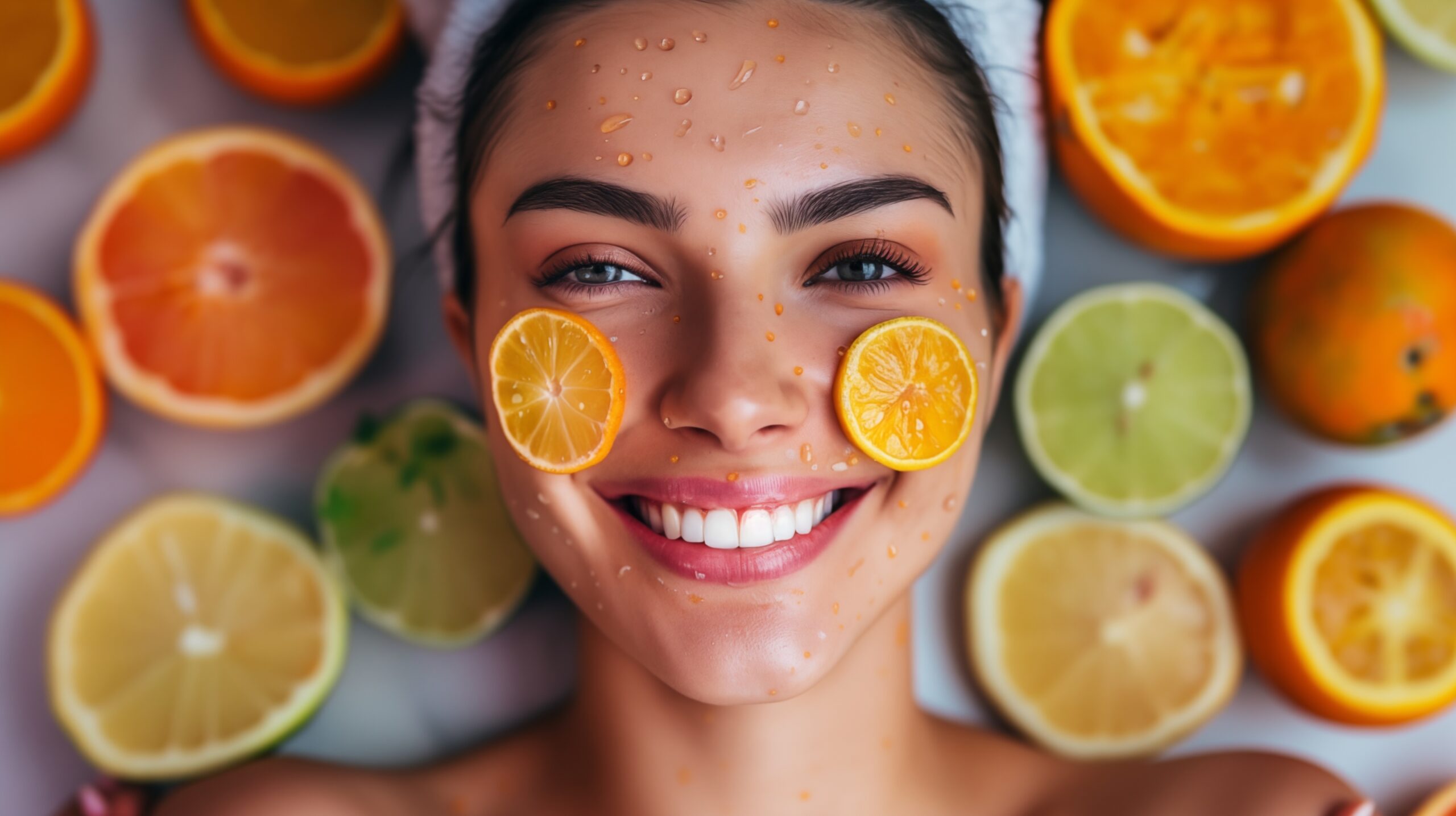 A smiling woman surrounded by citrus fruits rich in vitamin C, a key Mighty Kids nutrient.